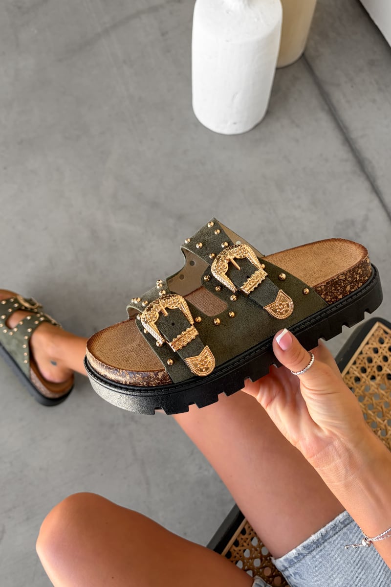 LILA Chunky Studded Buckle Sandals - Khaki