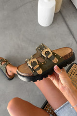 LILA Chunky Studded Buckle Sandals - Khaki