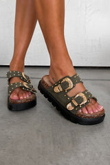 LILA Chunky Studded Buckle Sandals - Beige - 1