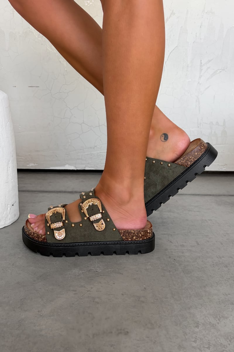 LILA Chunky Studded Buckle Sandals - Beige - 3