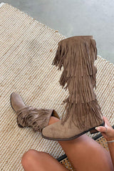 LIVVY Western Fringe Tassel Cowboy Boots - Beige