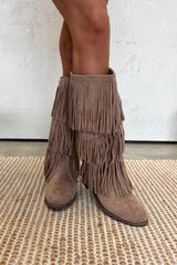 LIVVY Western Fringe Tassel Cowboy Boots - Beige - 1
