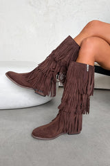 LIVVY Western Fringe Tassel Cowboy Boots - Brown - 4