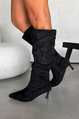 LOLA Ruched Pointed Toe Knee High Heeled Boots - Black - 4
