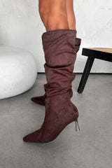 LOLA Ruched Pointed Toe Knee High Heeled Boots - Brown