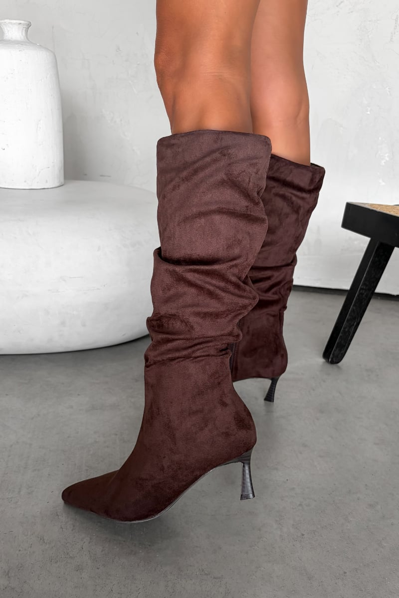 LOLA Ruched Pointed Toe Knee High Heeled Boots - Brown
