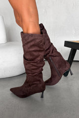 LOLA Ruched Pointed Toe Knee High Heeled Boots - Brown