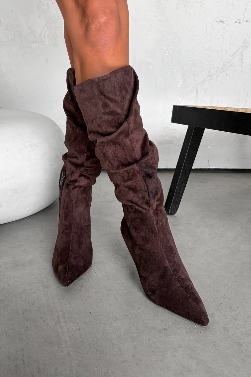 LOLA Ruched Pointed Toe Knee High Heeled Boots - Brown - 4