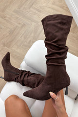 LOLA Ruched Pointed Toe Knee High Heeled Boots - Brown - 5