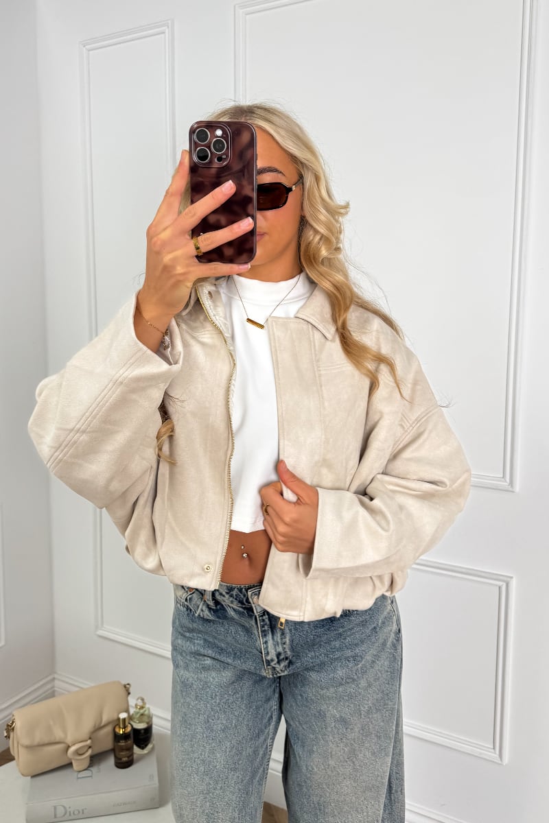 LUANNA Suede Bomber Jacket - Cream - 1