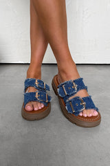 LUCIA Chunky Buckle Slider Sandals - Dark Denim