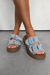 LUCIA Chunky Buckle Slider Sandals - Light Denim