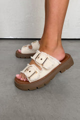 LUCIA Chunky Buckle Slider Sandals - Beige Denim - 2