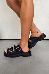 LUCIA Chunky Buckle Slider Sandals - Black Denim - 1
