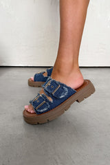 LUCIA Chunky Buckle Slider Sandals - Dark Denim - 3