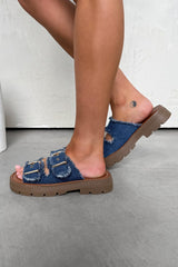 LUCIA Chunky Buckle Slider Sandals - Dark Denim - 4