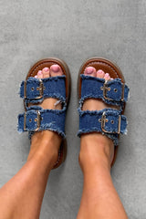 LUCIA Chunky Buckle Slider Sandals - Dark Denim - 2