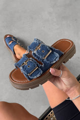 LUCIA Chunky Buckle Slider Sandals - Dark Denim - 5