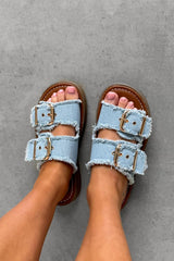 LUCIA Chunky Buckle Slider Sandals - Light Denim - 1