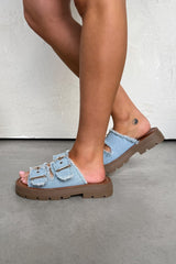 LUCIA Chunky Buckle Slider Sandals - Light Denim - 3