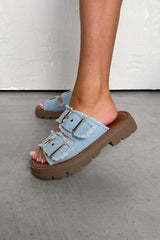 LUCIA Chunky Buckle Slider Sandals - Light Denim - 4