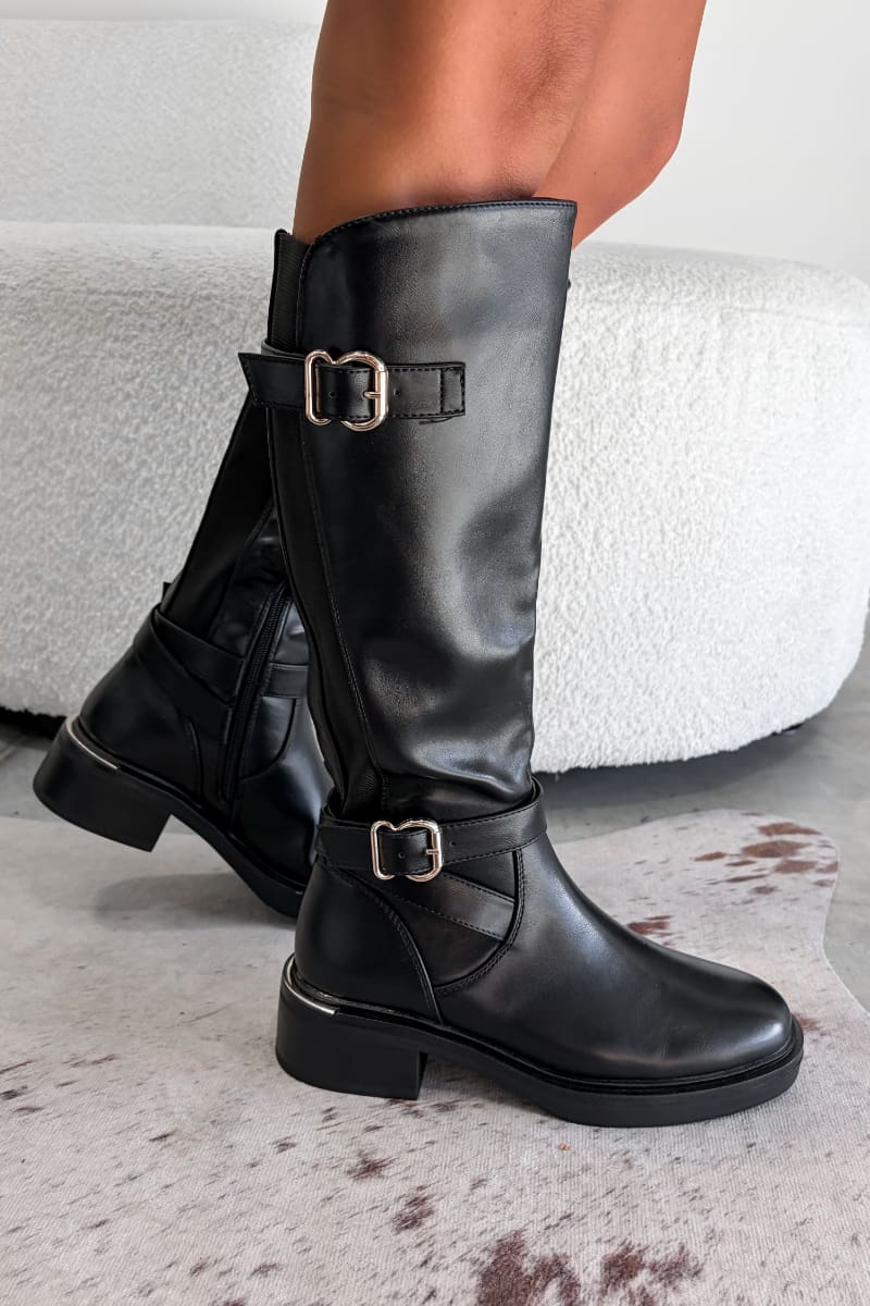 LUCY Buckle Detail Knee High Boots - Black
