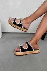 LUCY Double Buckle Rattan Sandals - Black