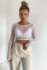 Long Sleeve Fishnet Crop Top - White