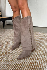 MABEL Fold Over Cowboy Western Boots - Taupe Suede - 1