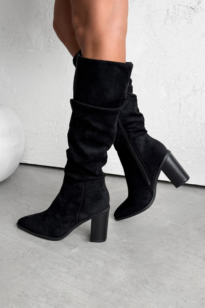 MADDIE Knee High Black Suede Slouch - Black - 1