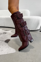 MAEDA Knee High Buckle Boots - Burgundy PU - 2