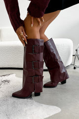 MAEDA Knee High Buckle Boots - Burgundy PU