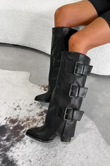 MAEDA Knee High Buckle Boots - Black PU - 3