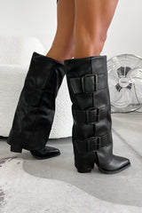 MAEDA Knee High Buckle Boots - Black PU - 1