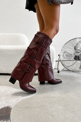 MAEDA Knee High Buckle Boots - Burgundy PU - 5