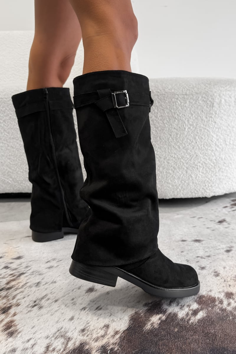 MARLEY Flared Knee High Boots - Black Suede