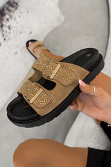 MARLIN Chunky Embroidered Buckle Sandals - Taupe - 1