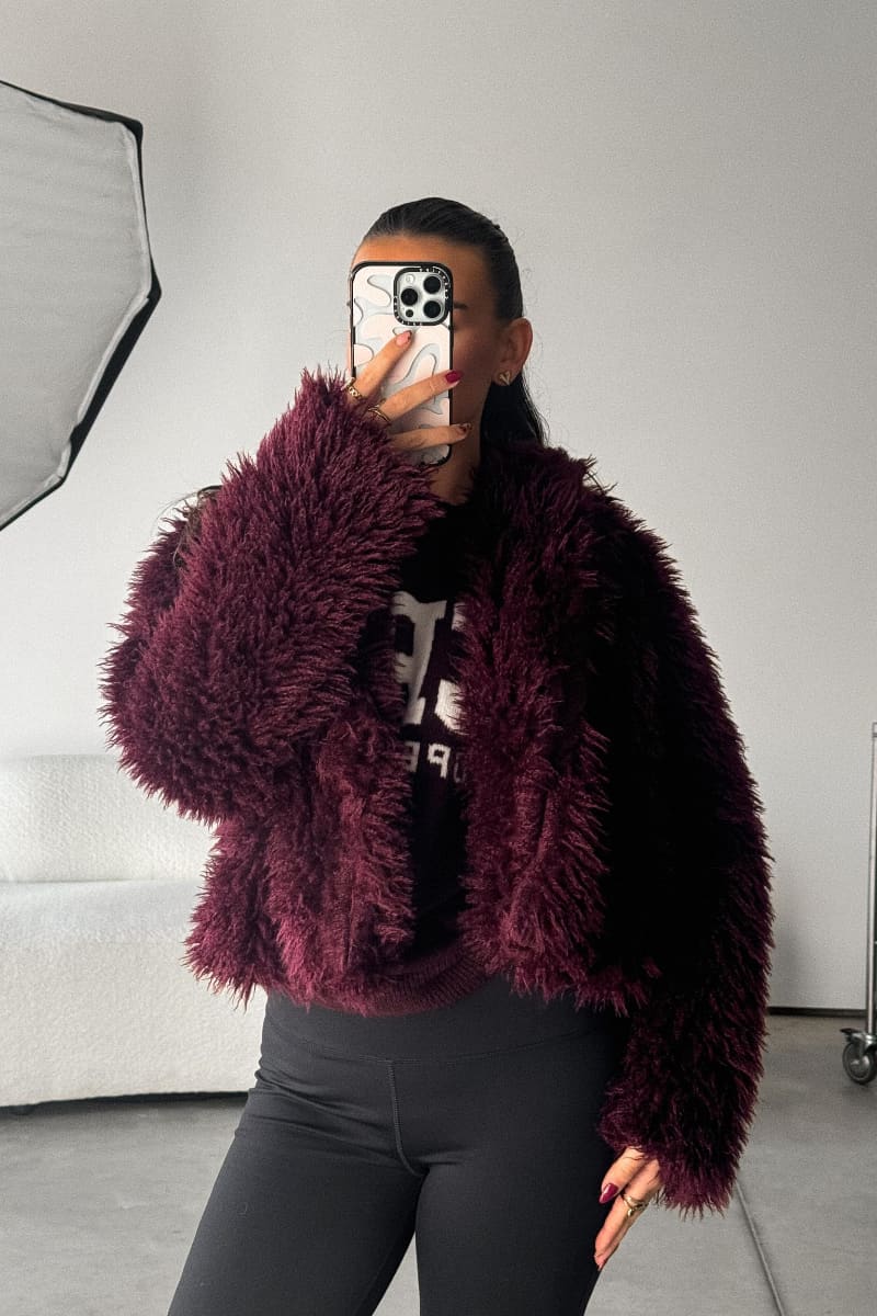 MAYA Burgundy Short Faux Fur Jacket