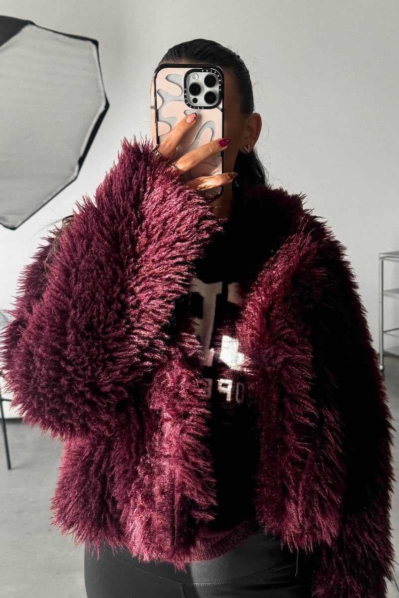 MAYA Burgundy Short Faux Fur Jacket - 1