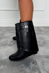 MELDA Flared Calf Wedge Boots - Black PU