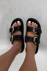 MIA Chunky Studded Buckle Sandals - Black - 6