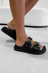MIA Chunky Studded Buckle Sandals - Black - 5