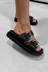 MIA Chunky Studded Buckle Sandals - Black - 7