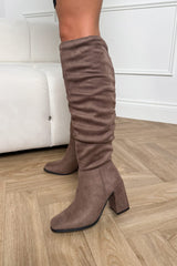 MILAN Knee High Suede Slouch Boots - Taupe