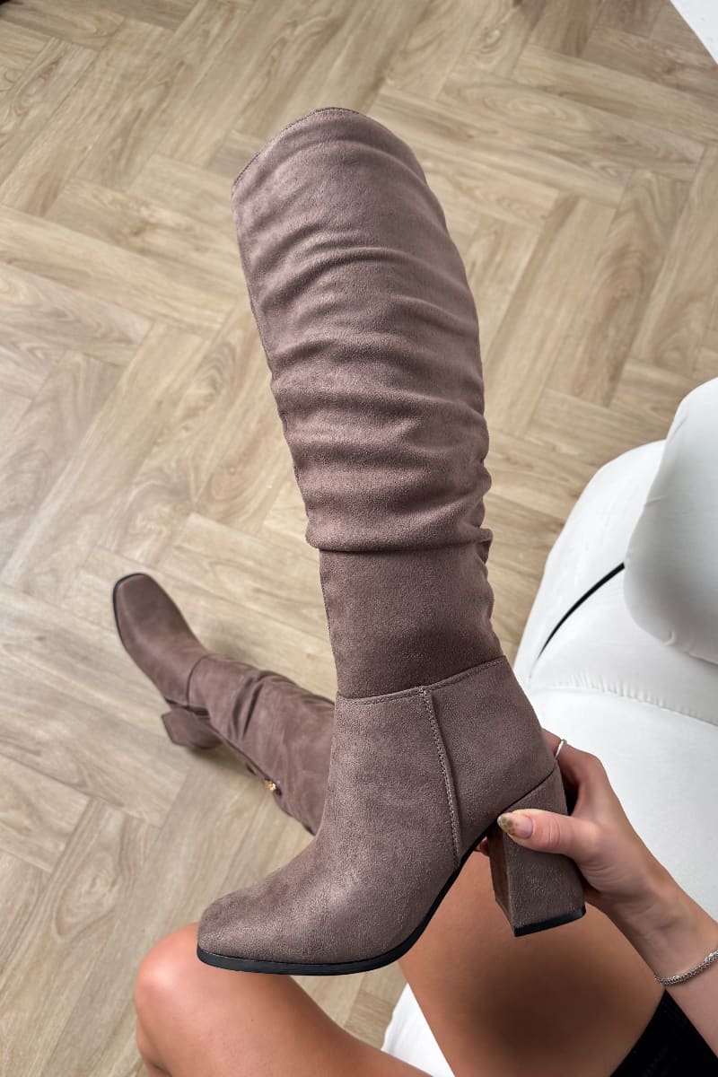 MILAN Knee High Suede Slouch Boots - Taupe - 3