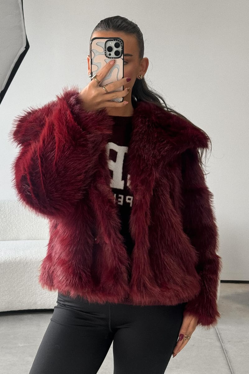 MILA Faux Fur Jacket - Burgundy Red