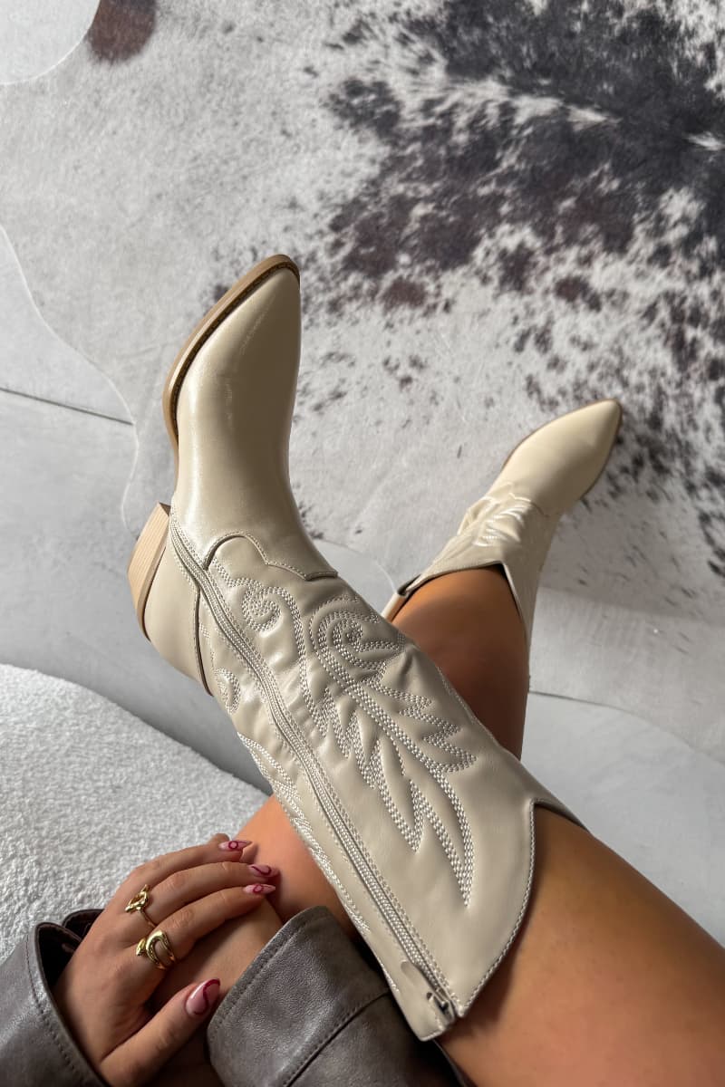 MINA Cowboy Western Ankle Boots - Beige