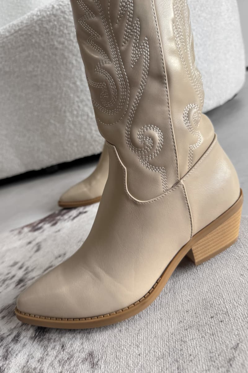 MINA Cowboy Western Ankle Boots - Beige-6