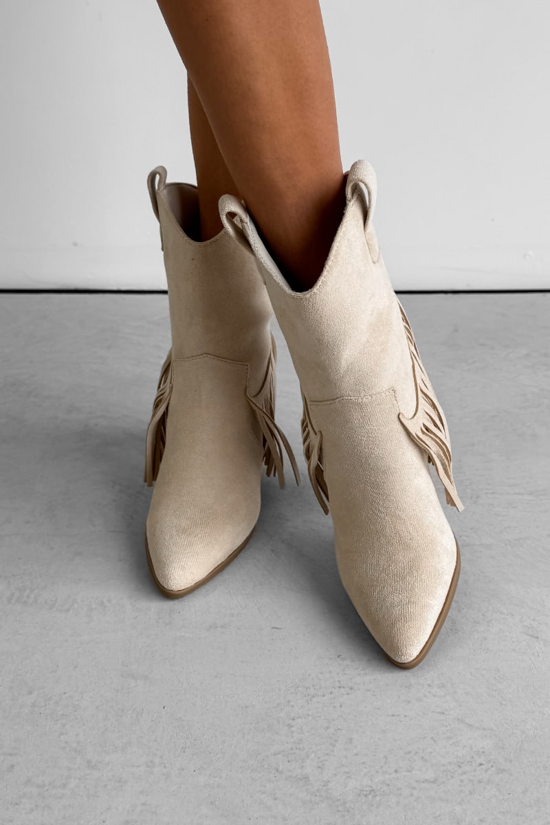 MONICA Western Tassel Cowboy Boots - Beige - 1