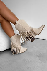 MONICA Western Tassel Cowboy Boots - Beige